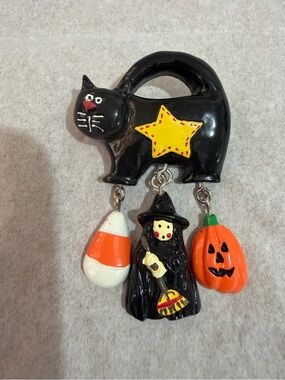 Halloween Pin 
Black Cat Dangle Pin with Witch Candy Corn Pumpkin Star Plastic